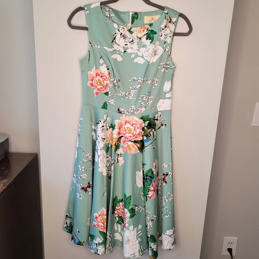 Grace Karin Mint Green Floral Fit & Flare Dress Women’s S Sleeveless A-Line
